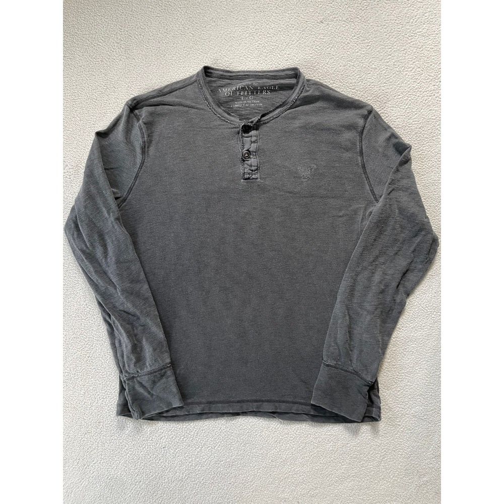 American Eagle Mens Large Henley Shirt Gray Athletic Fit Long Sleeve Slub Knit